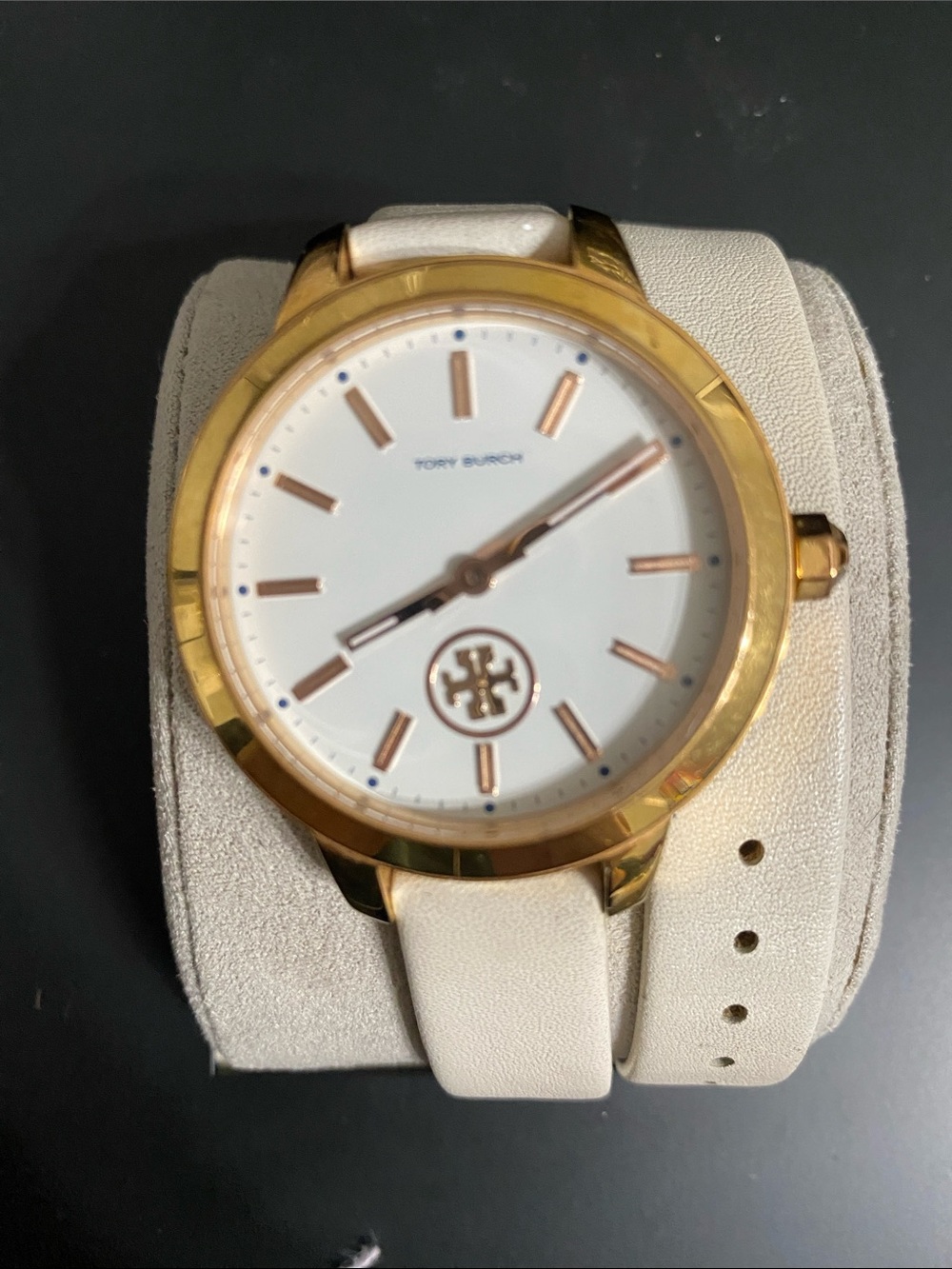 Tory Burch Gold and White Logo Dial Leather Strap Watch